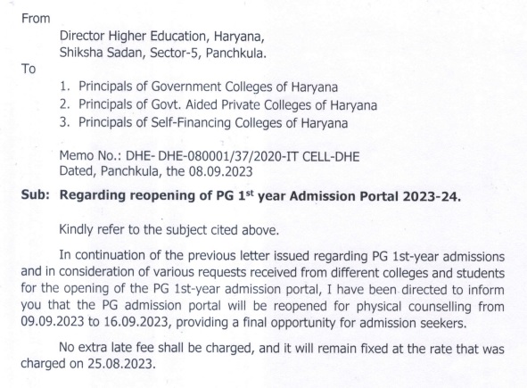 Haryana College PG Admission 2023
