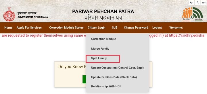 Split Family PPP ID Haryana