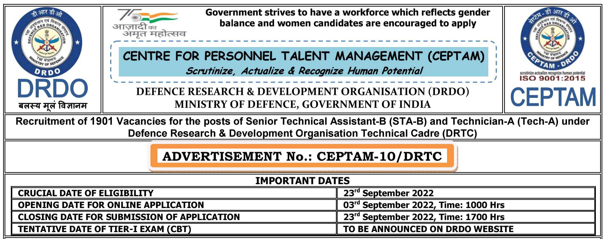 DRDO CEPTAM Recruitment 2022