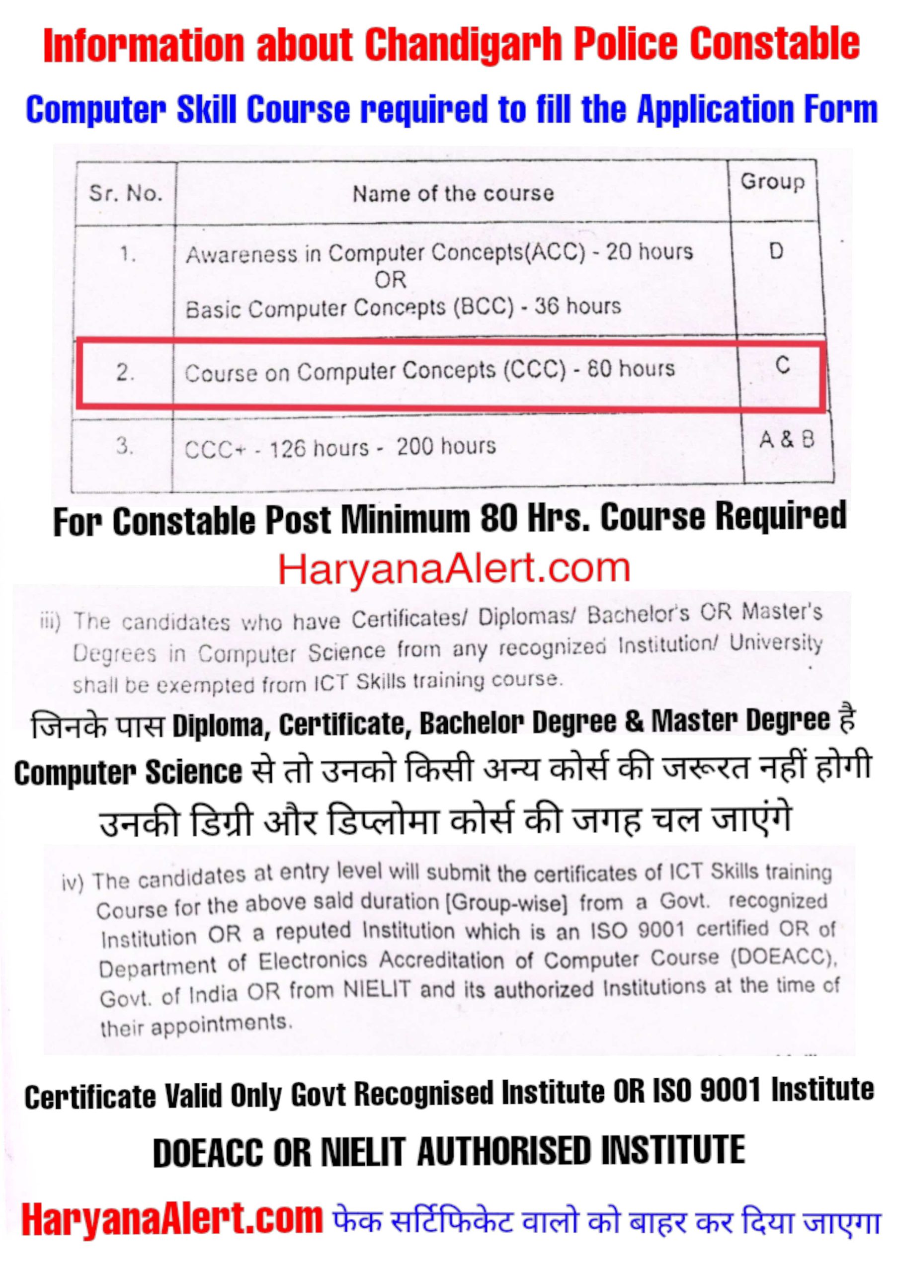 Some Important Instructions Regarding Computer Skill Course for Chandigarh Police