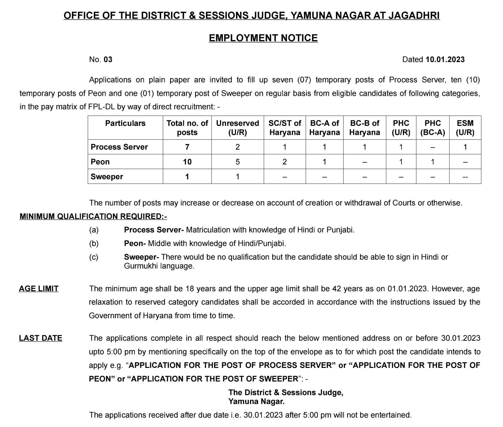 Yamunanagar Court Recruitment 2023