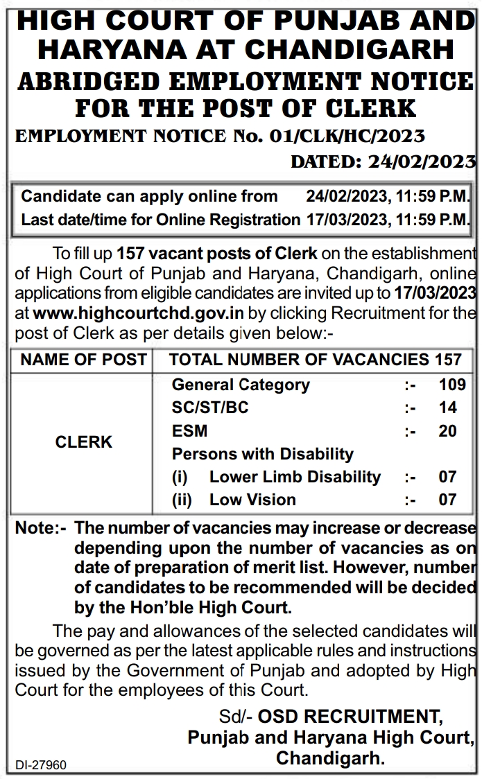 Punjab Haryana High Court Clerk Recruitment 2023