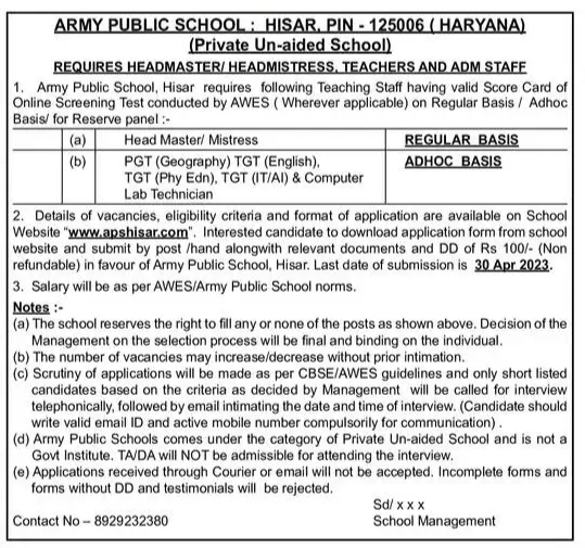 Army Public School Hisar Vacancy 2023